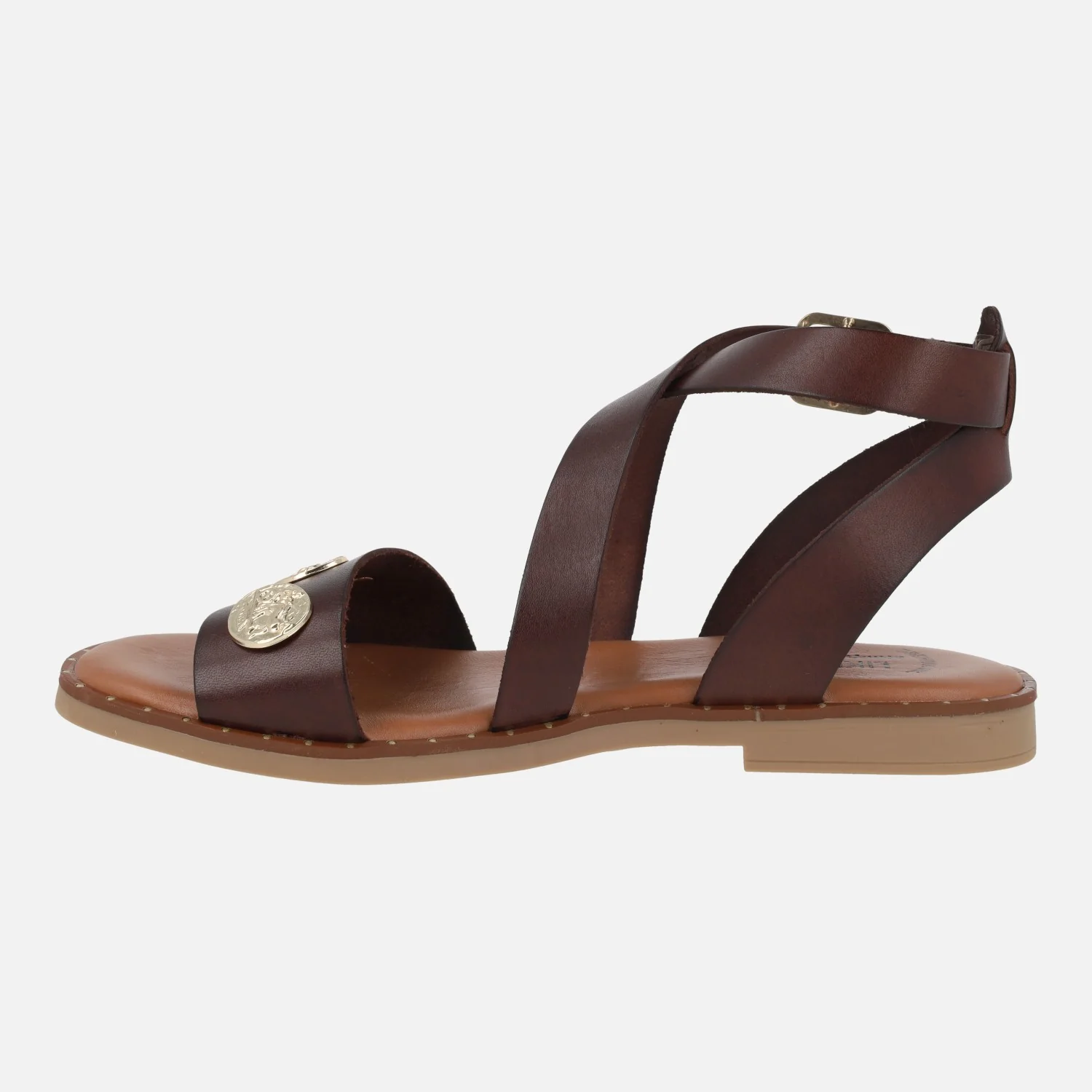 Sandalias marrones de piel con adorno de monedas color oro - Image 3