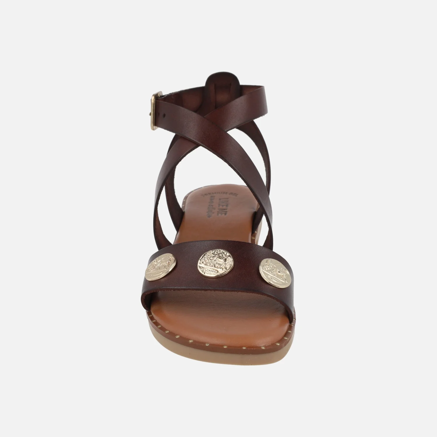 Sandalias marrones de piel con adorno de monedas color oro - Image 5