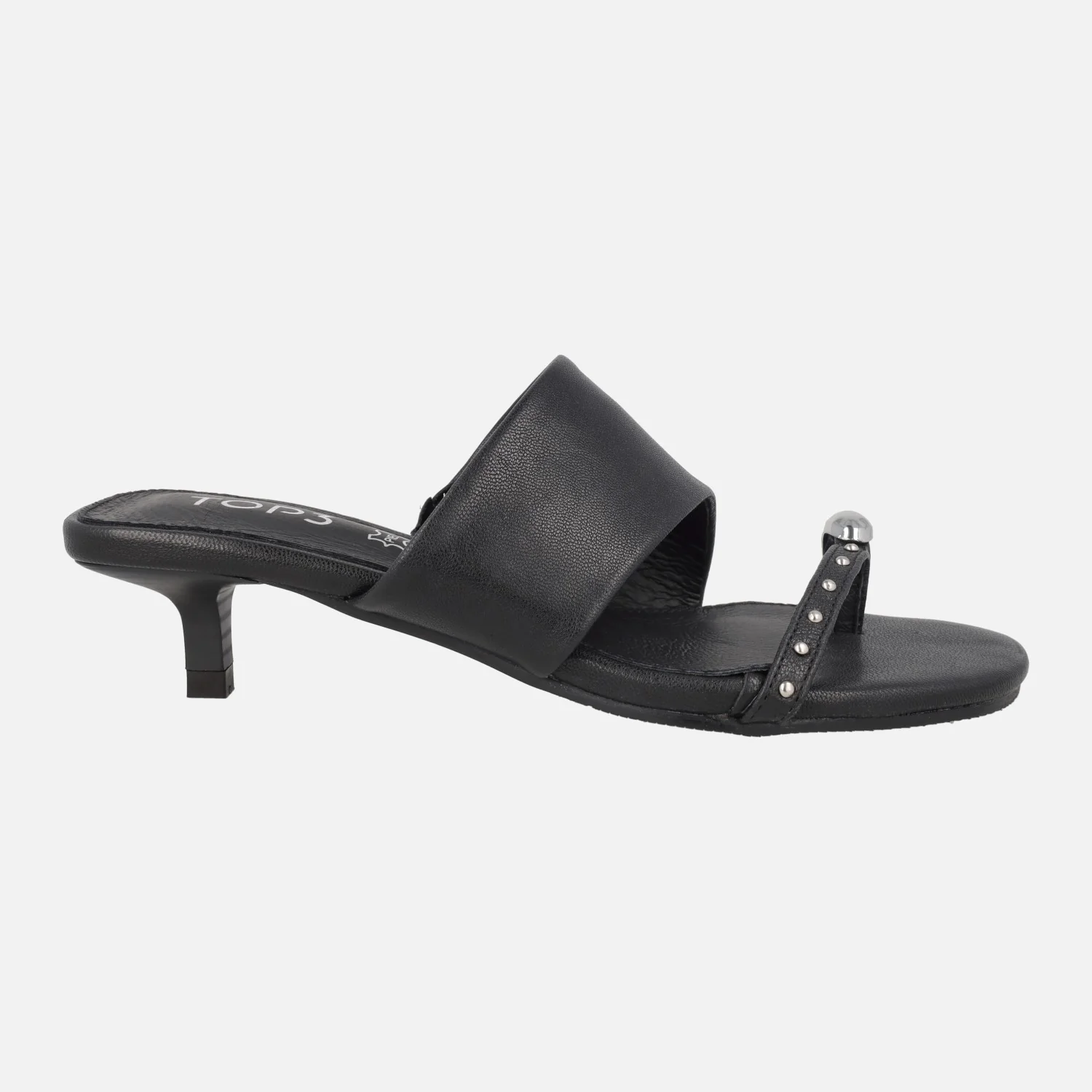 Sandalias negras con tacón bajo y pieza efecto anillo
