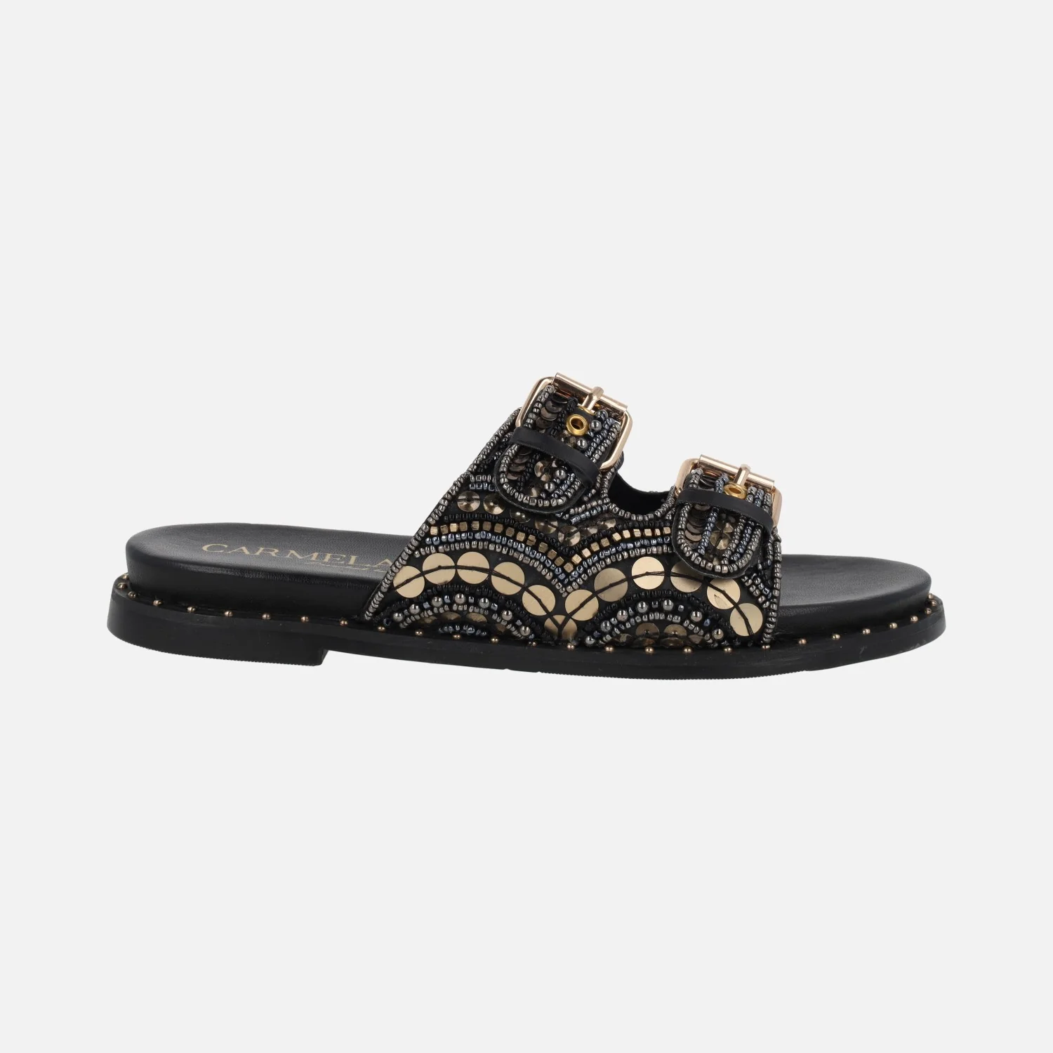 Sandalias negras de hebillas con fantasía de abalorios y lentejuelas