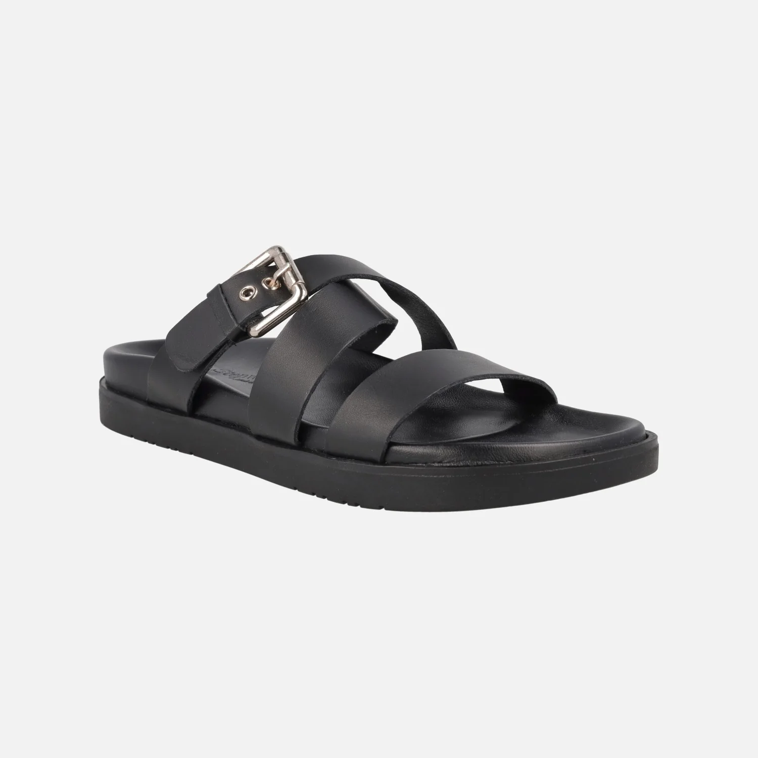 Sandalias negras de piel con tiras anchas y hebilla dorada - Image 2