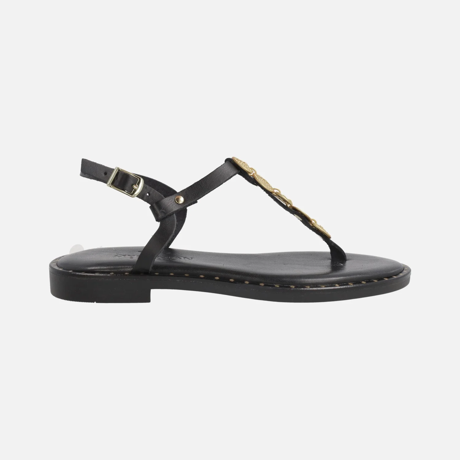Sandalias negras de piel para dedo con adorno de monedas