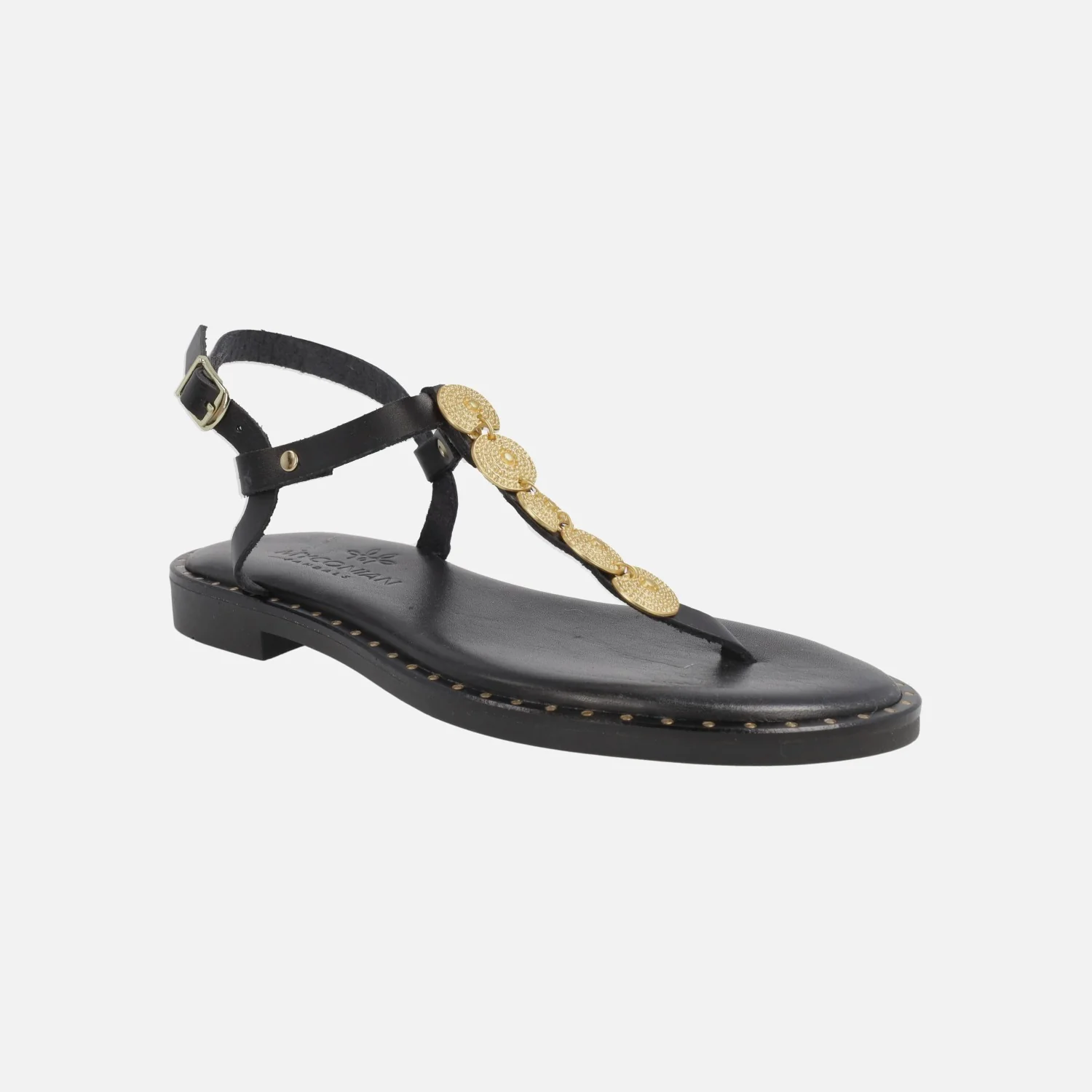 Sandalias negras de piel para dedo con adorno de monedas - Image 2