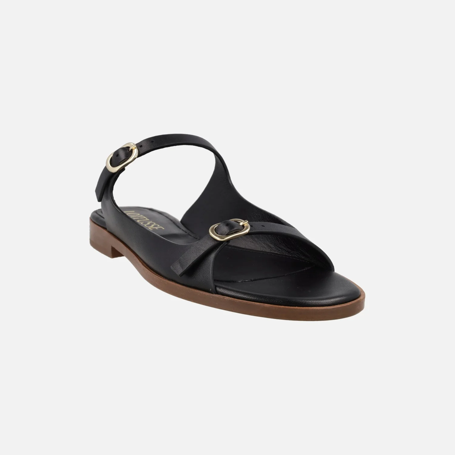 Sandalias negras planas de piel para mujer Lottusse Nylo con hebillas - Image 2