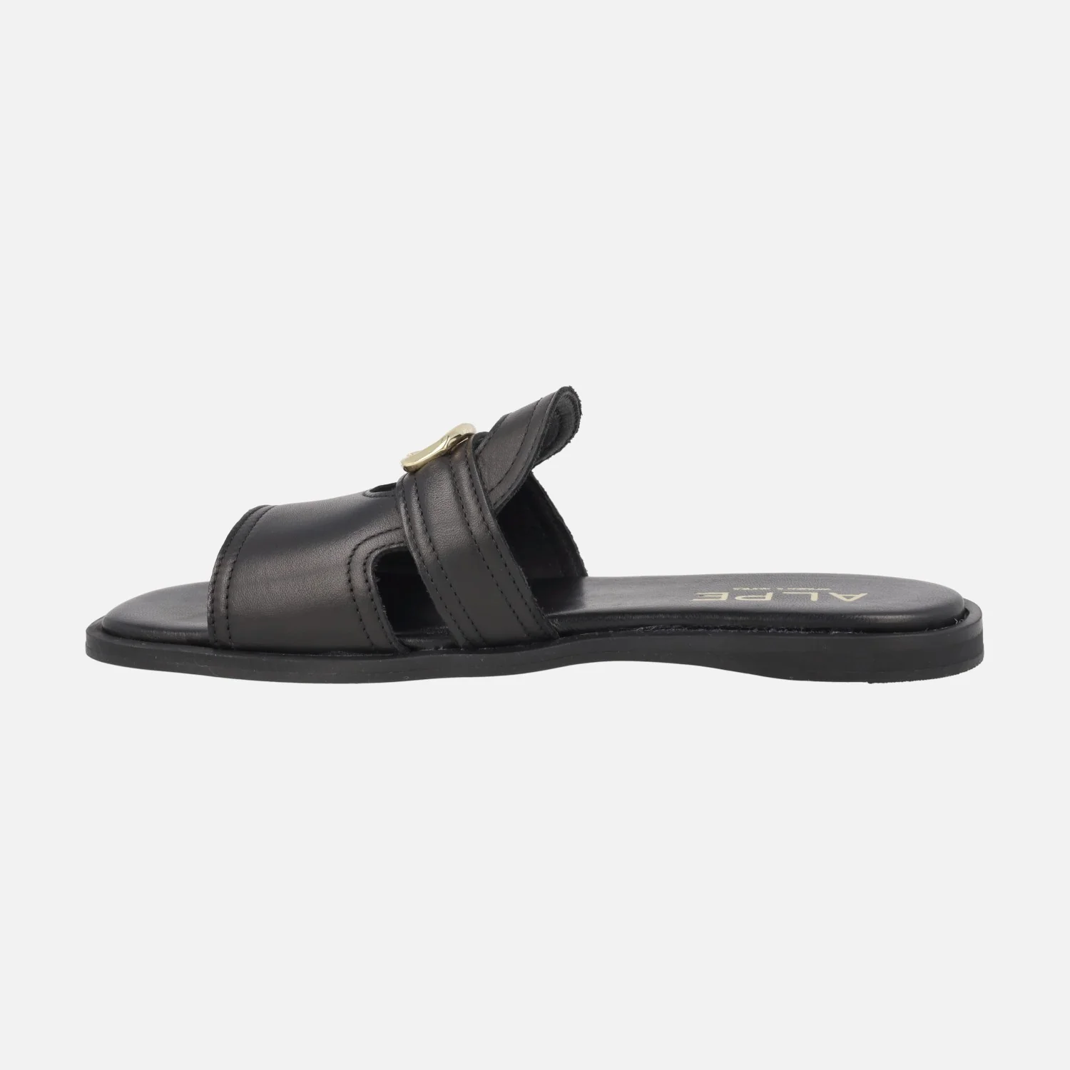 Sandalias planas estilo pala Sheila en piel negra con adorno oro - Image 4