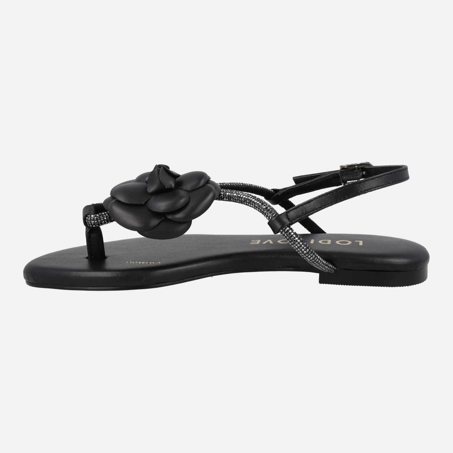 Sandalias planas negras de piel con adorno de flor y strass - Image 4