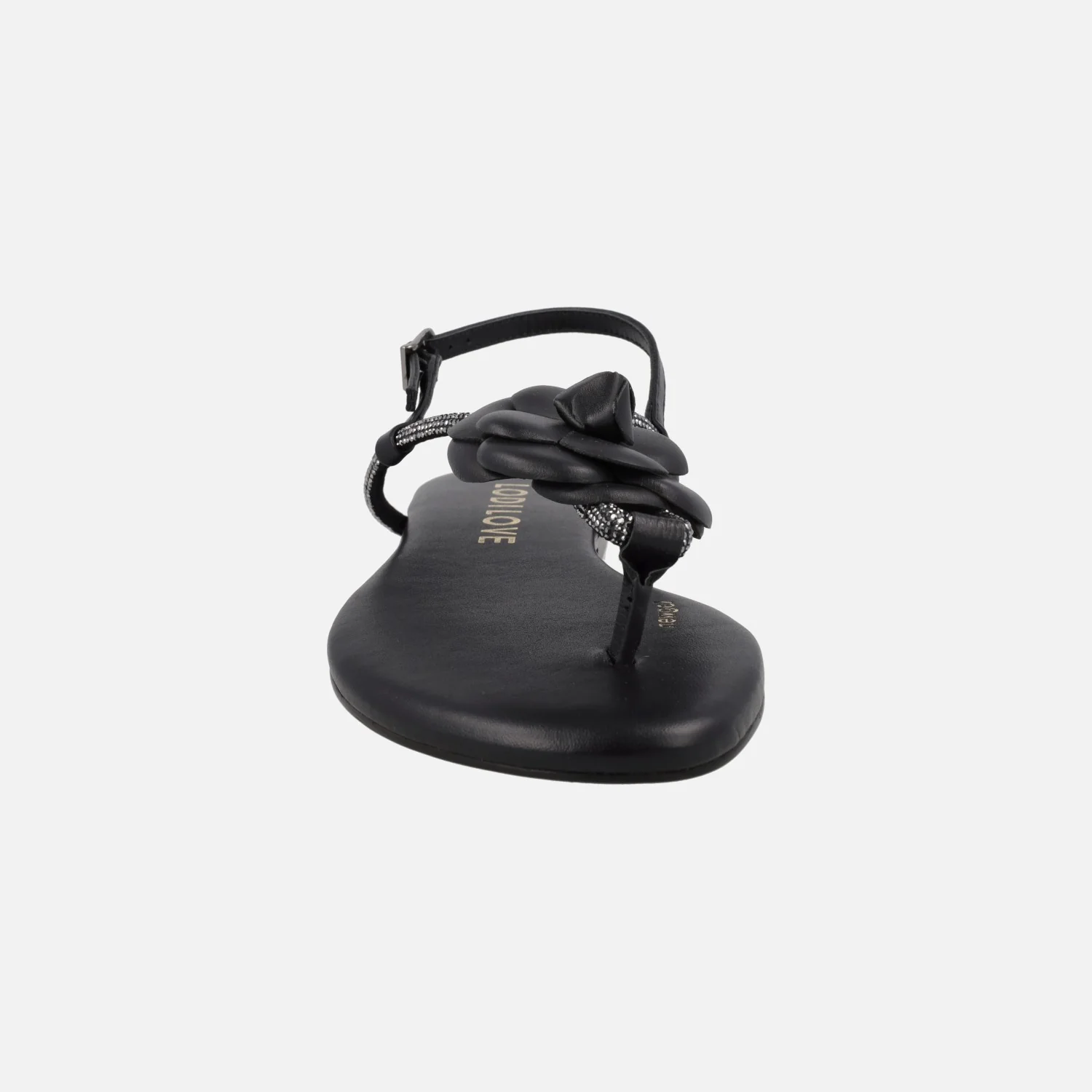 Sandalias planas negras de piel con adorno de flor y strass - Image 5
