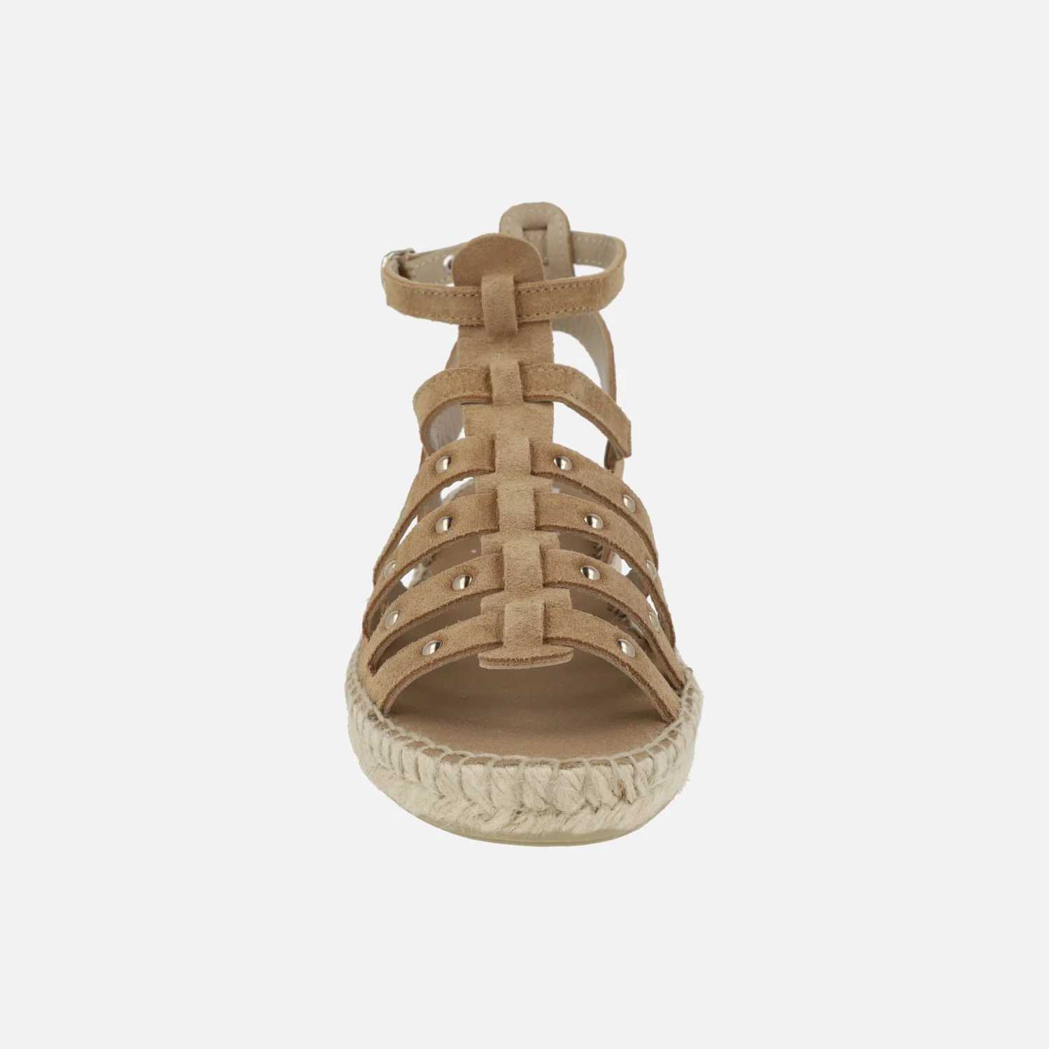 Sandalias romanas de serraje camel con tachas doradas y suela de yute - Image 5