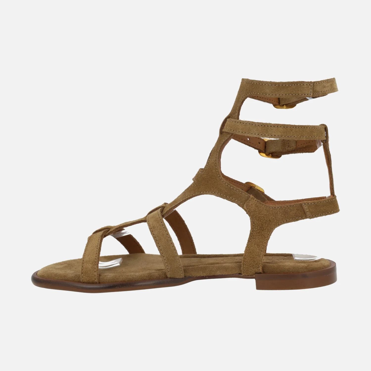Sandalias romanas de serraje taupe con tres tiras con hebillas a la pierna - Image 3