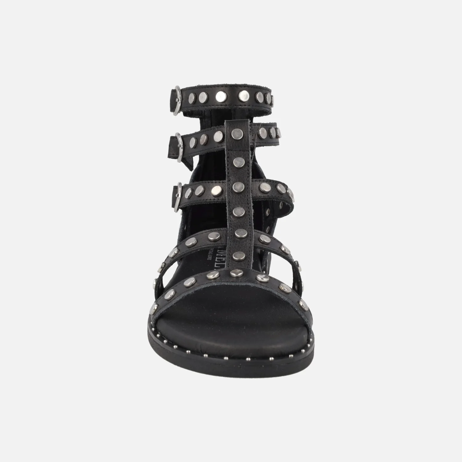 Sandalias romanas en piel negra con tachas y hebillas plateadas - Image 5