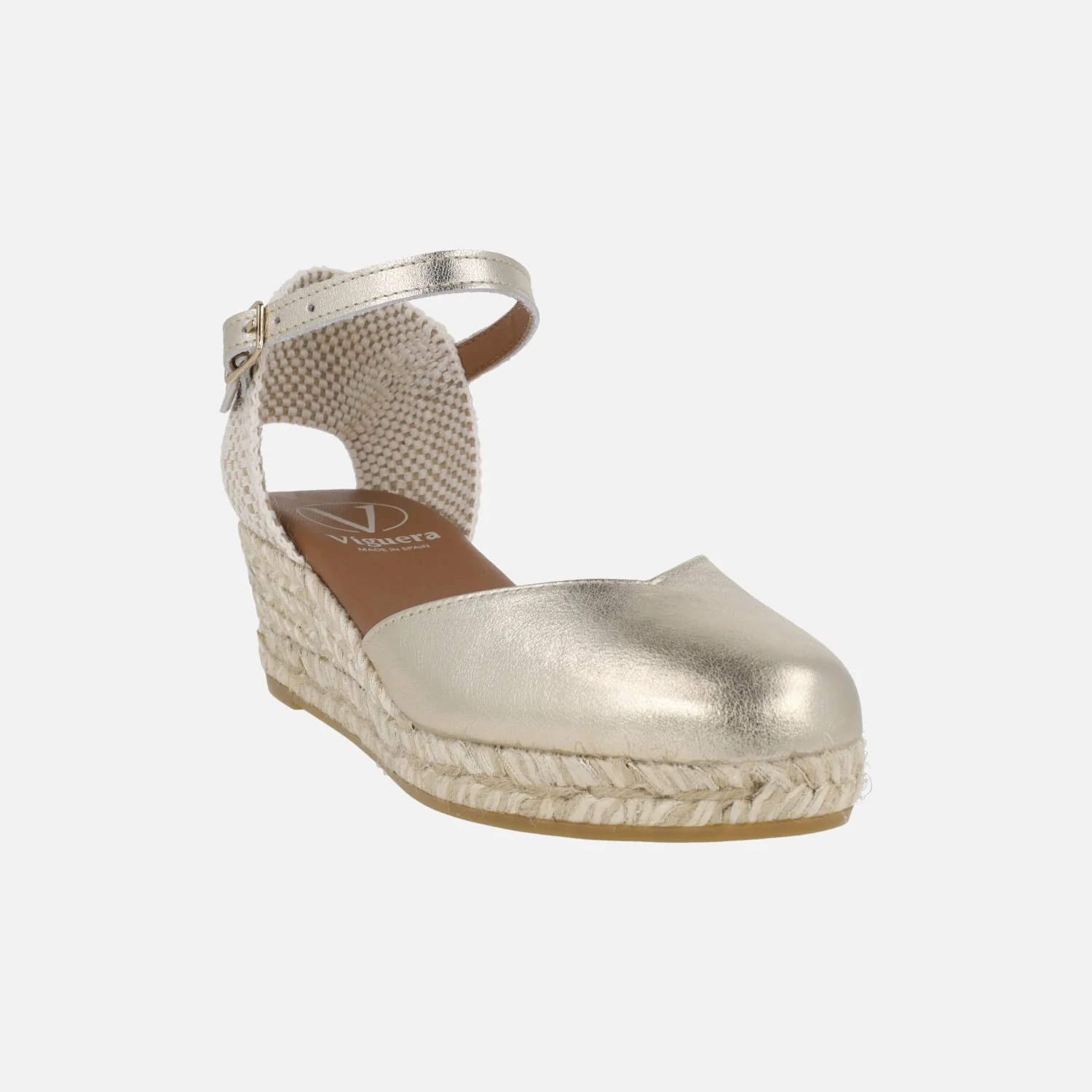 Zapatillas de esparto con cuña media en piel dorada con pulsera al tobillo - Image 2