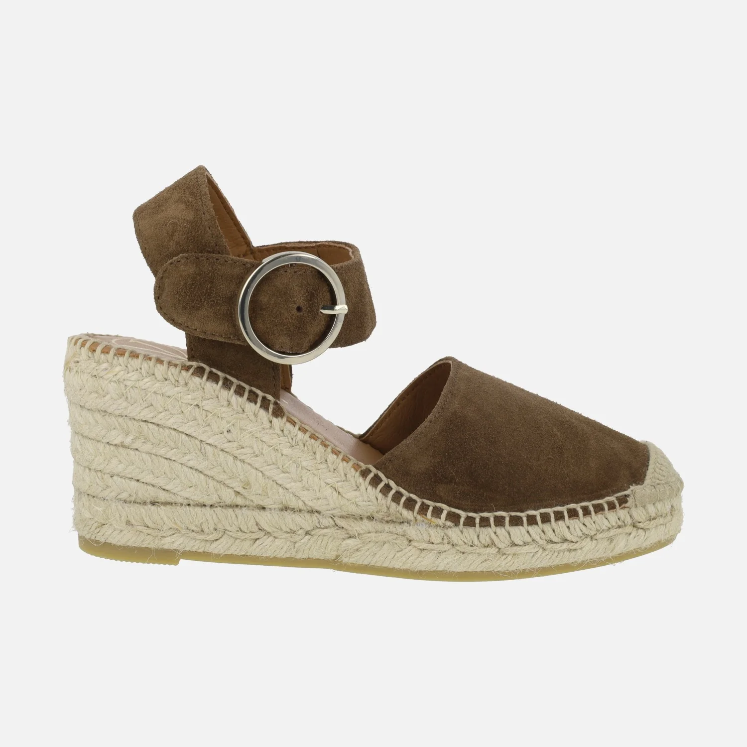 Zapatillas de esparto en ante marrón oscuro con hebilla circular