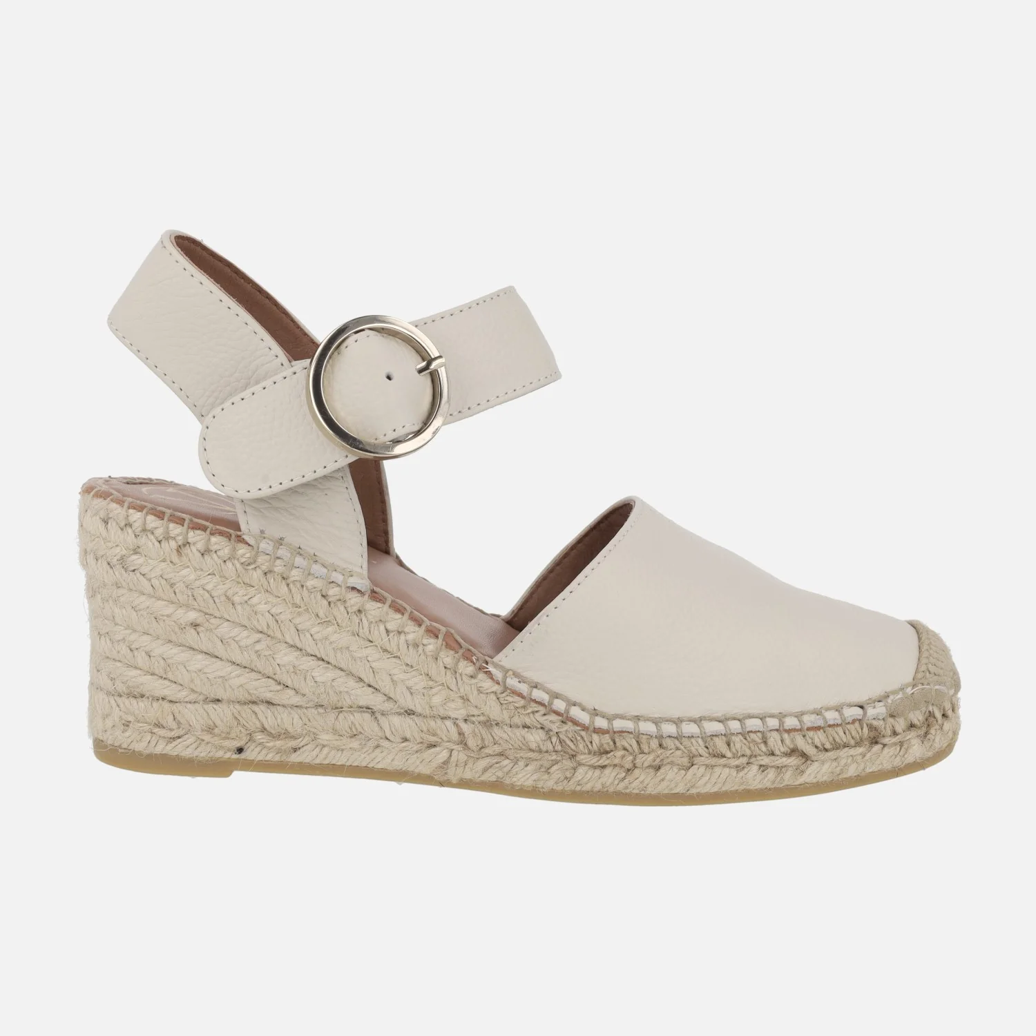 Zapatillas de esparto en piel blanco roto con hebilla circular