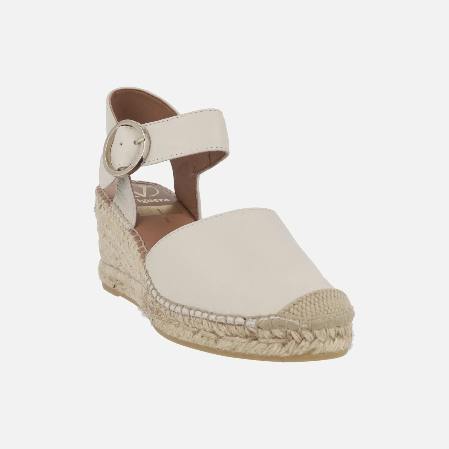Zapatillas de esparto en piel blanco roto con hebilla circular - Image 2