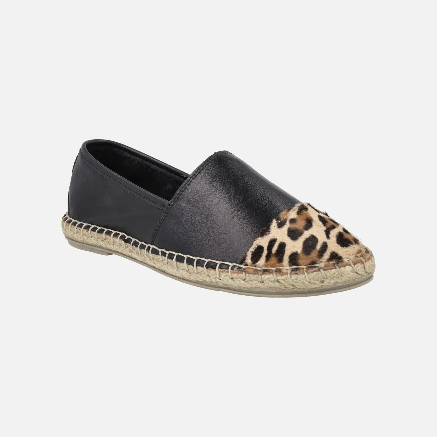 Zapatillas de esparto en piel negra con puntera en print leopardo - Image 3