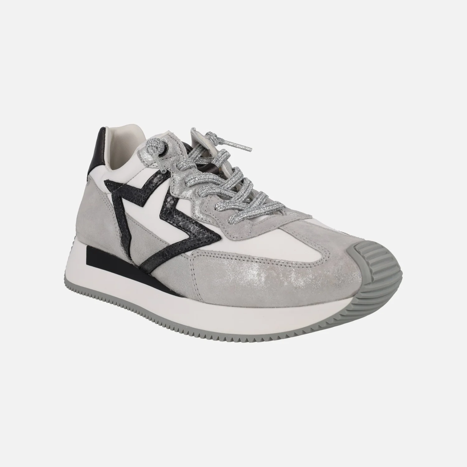 Zapatillas deportivas de piel y tejido en blanco plata y negro - Image 2