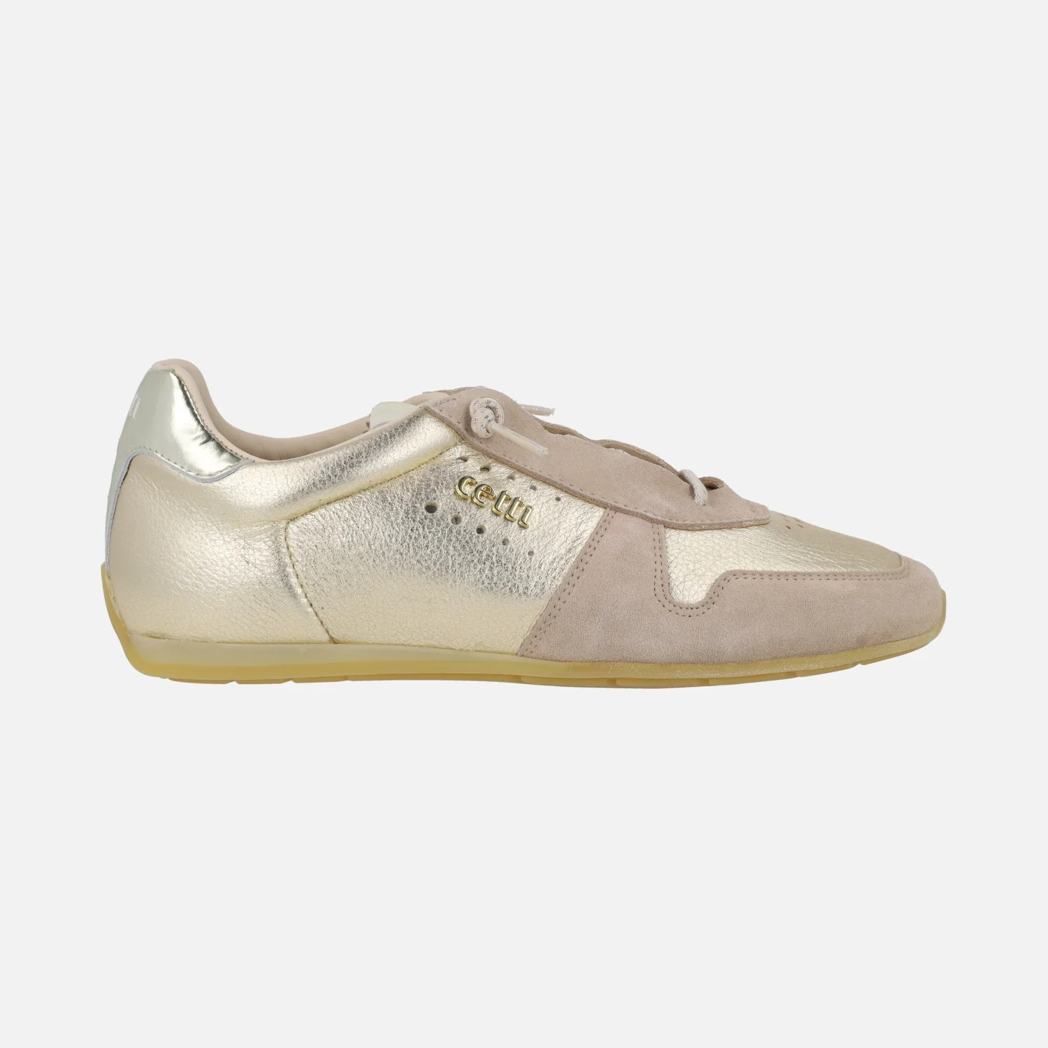 Zapatillas deportivas en metalizado oro y ante beige
