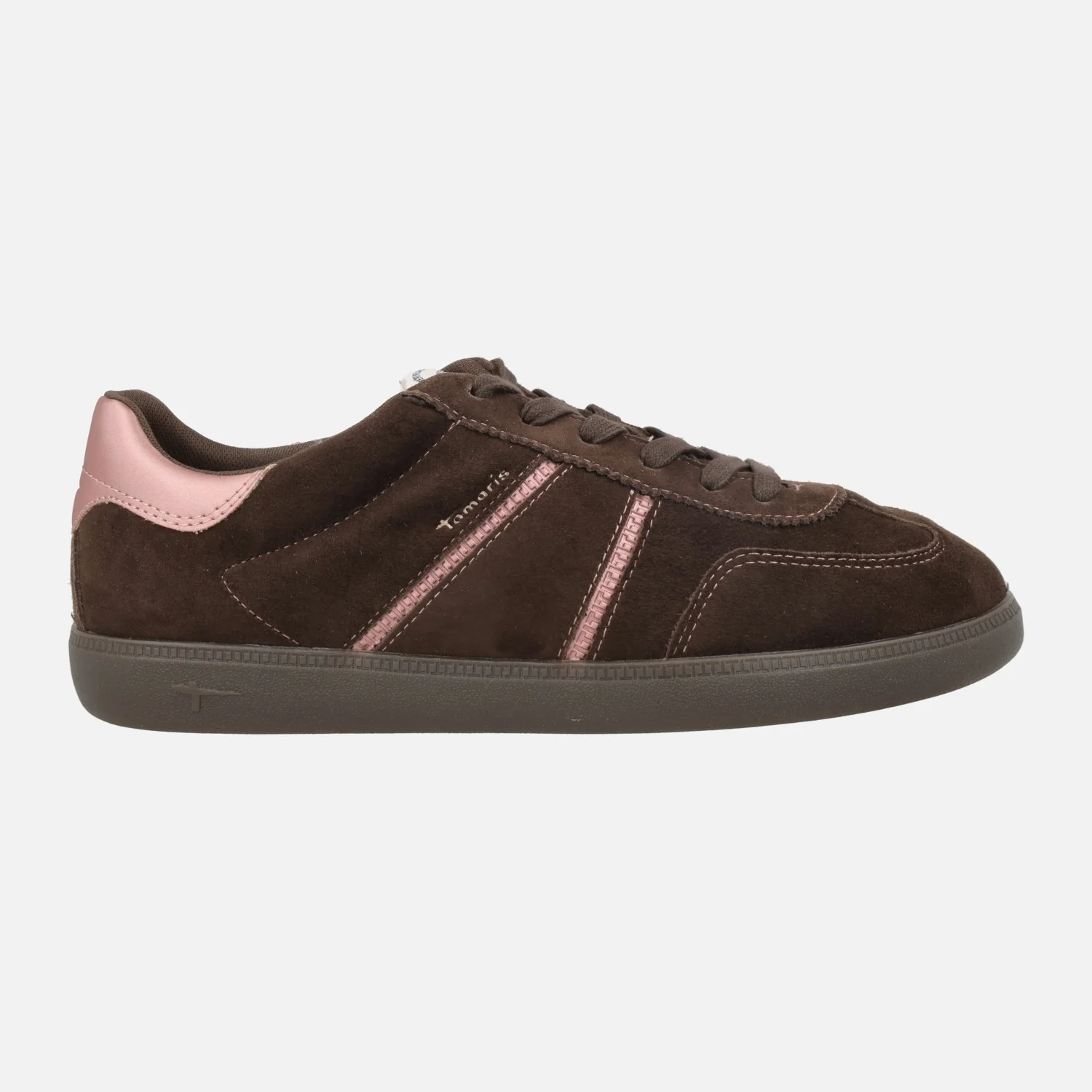 Zapatillas deportivas en serraje marrón con detalles en rosa
