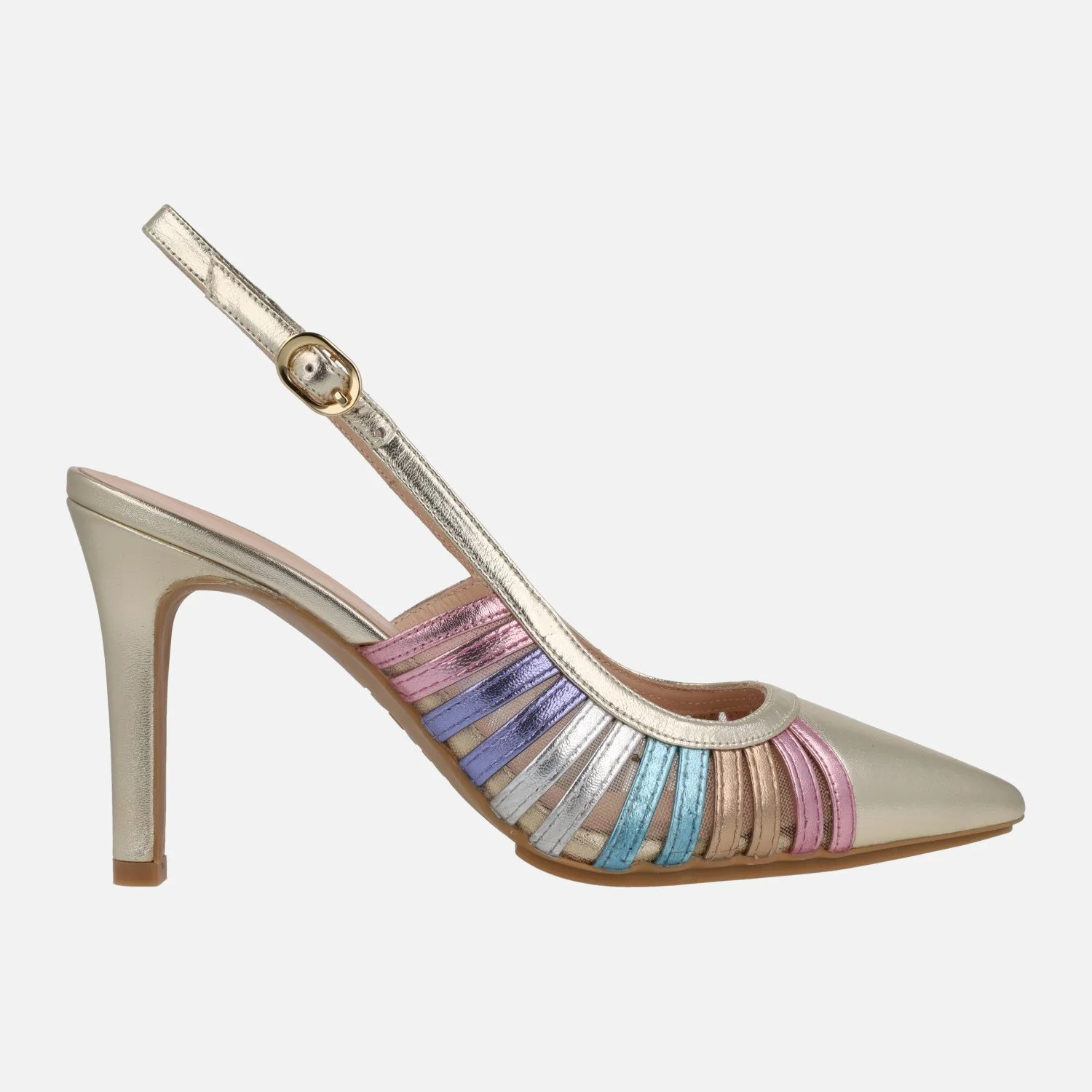 Zapatos de salón destalonados Rostel en piel cava con tiras multicolor
