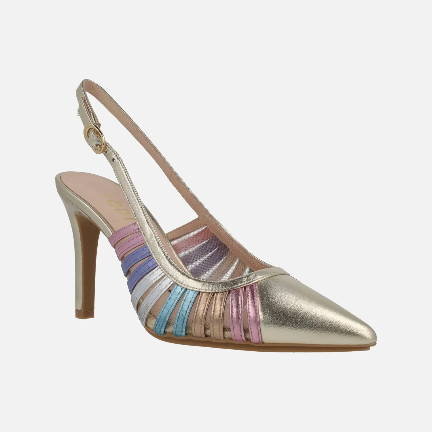 Zapatos de salón destalonados Rostel en piel cava con tiras multicolor - Image 2