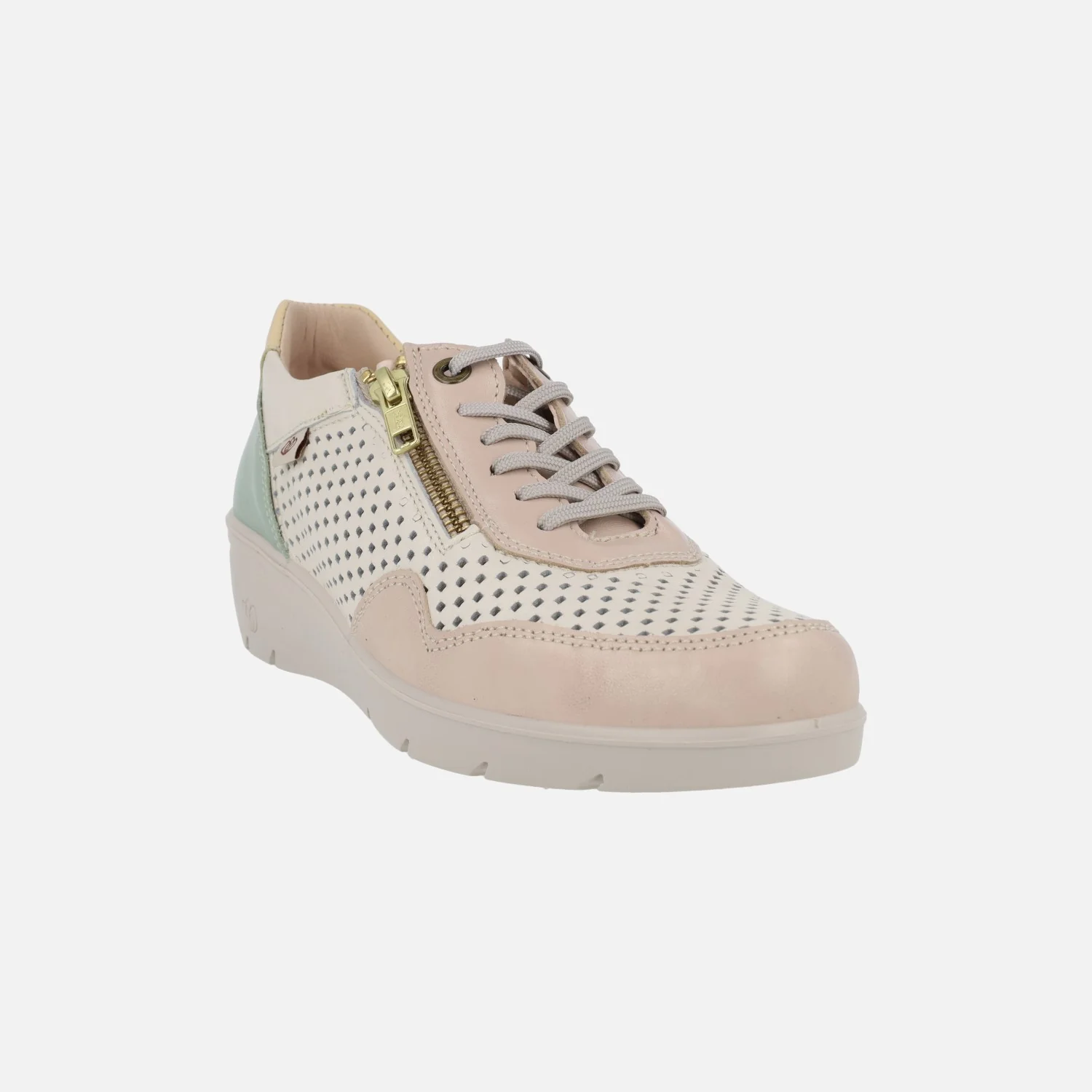 Zapatos deportivos de piel con cordones y cremallera en combinado vainilla - Image 2