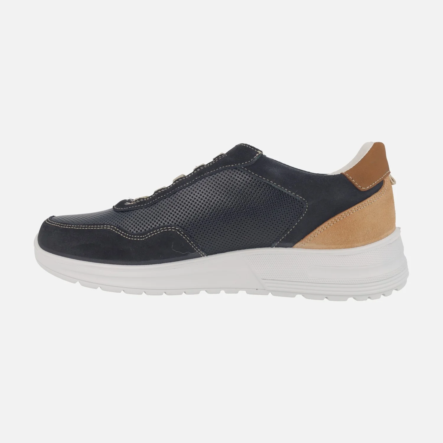 Zapatos deportivos en azul marino y camel con cordones elásticos - Image 3