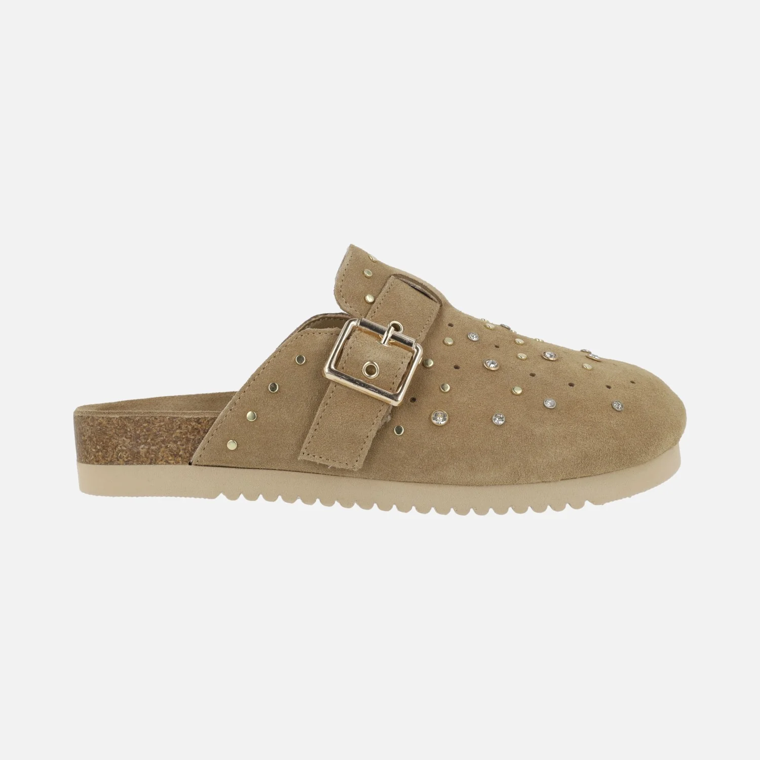 Zuecos de piel serraje con hebilla y apliques decorativos