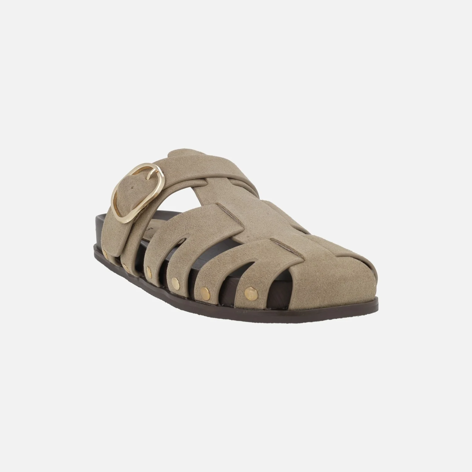 Zuecos de serraje color beige con hebilla y tachas doradas - Image 2